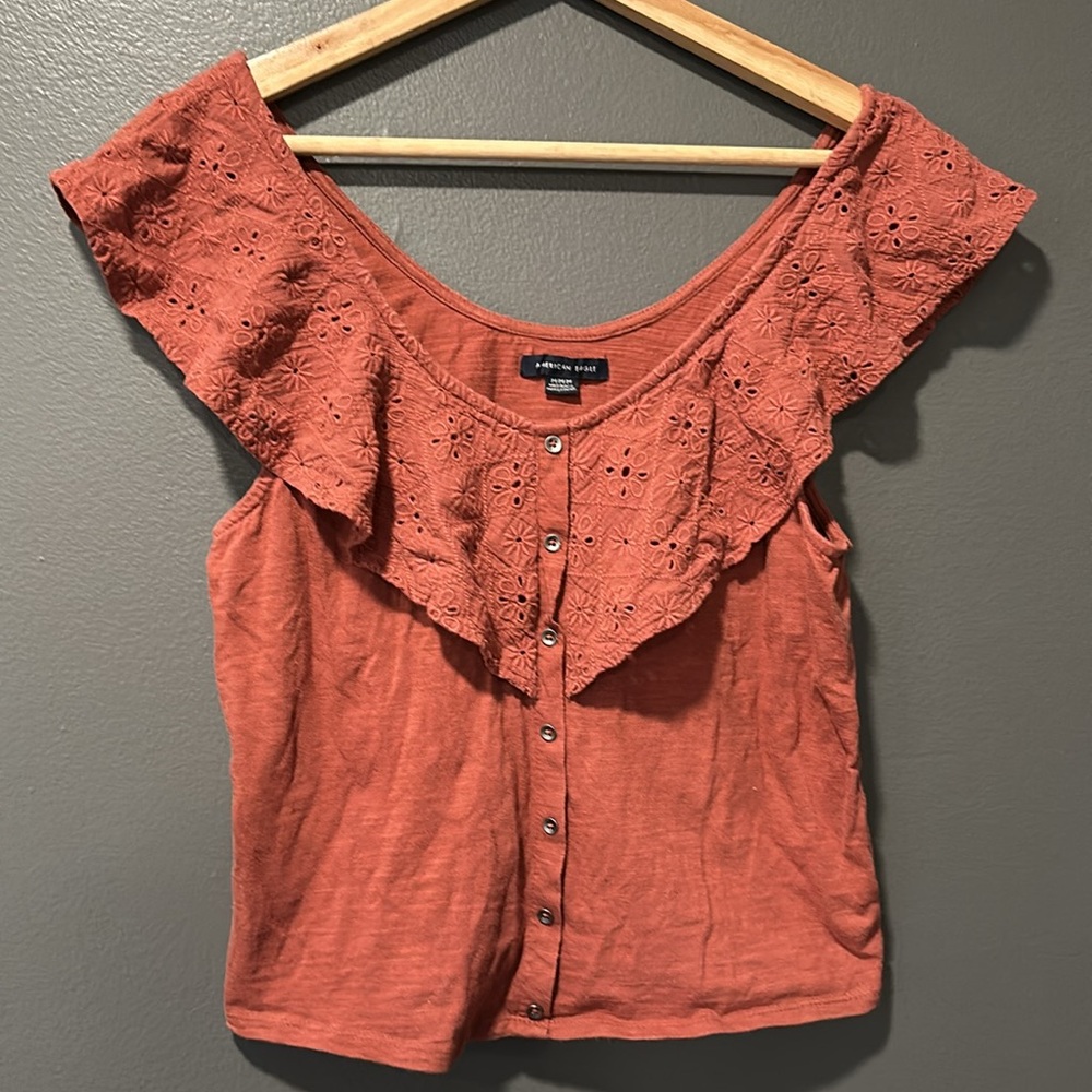 American Eagle - Lace Overlay Button-Down Blouse - Rust - Medium